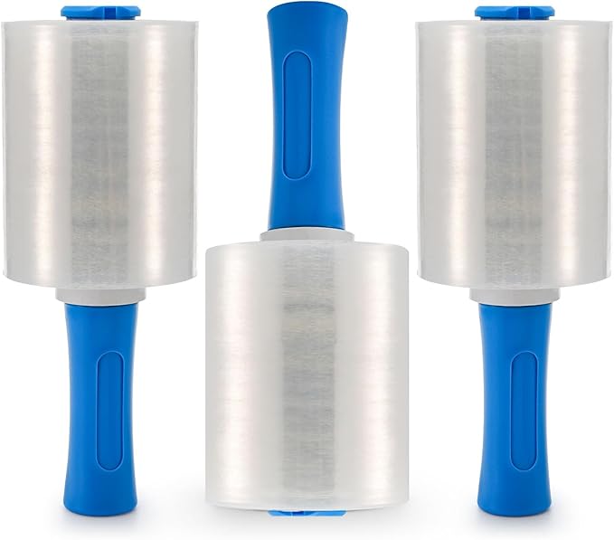 3 Pack 5" x 1000ft Clear Industrial Stretch Wrap Film, 100 Gauge Mini Plastic Wrap with Handle, Heavy Duty Stretch Film Roll, Thick Cling Pallet Wrap for Packing, Moving Supplies, Packaging