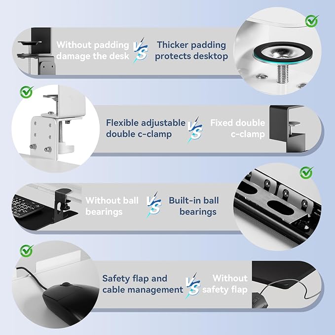 VUSIGN Keyboard Tray Under Desk Height Adjustable,Pull Out with Adjustable C Clamp Mount System for L-Shaped Tables, Extra Sturdy, 26.4” x 11.8” Slide-Out Platform Computer Drawer for Typing,White