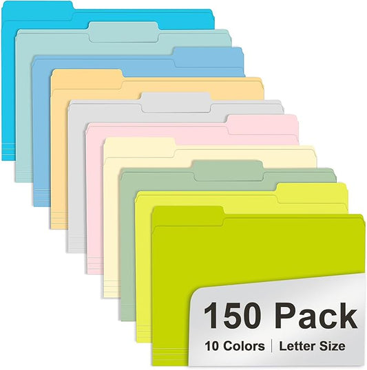 File Folder, RAZCC 150 Pack Colored File Folders, 1/3 Cut Tab File Folder Letter Size, Filing Folders with Tabs for Office School Business Use, Assorted 10 Colors