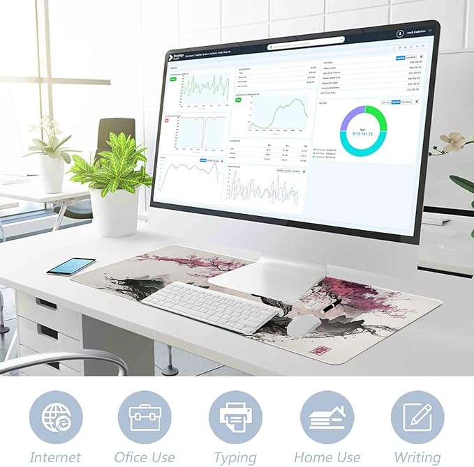 Japanese Art Style XL Mouse Pad - Non-Slip Mouse Pad Protector with Cherry Blossom Sakura Ink Design for Gaming and Work