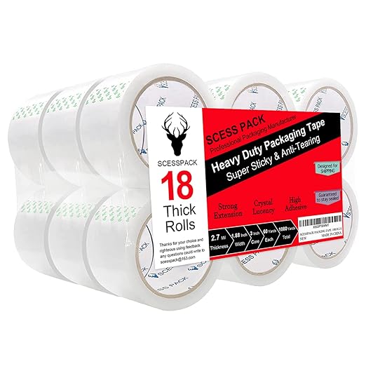 Packing Tape (18 Rolls),2.7mil, Heavy Duty Packaging Tape for Shipping Moving Sealing, 1.88 Inch x 60 yd Per Roll, Total 1080 Yards (18)