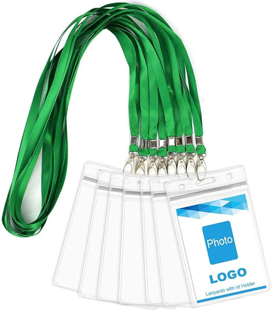 Lanyard with ID Holder 50 Pcs Waterproof Name Tag Badge ID Card Holders ID Pass Holder and 50 Pcs Flat Neck Lanyards Swivel Hook (Green, Vertical)