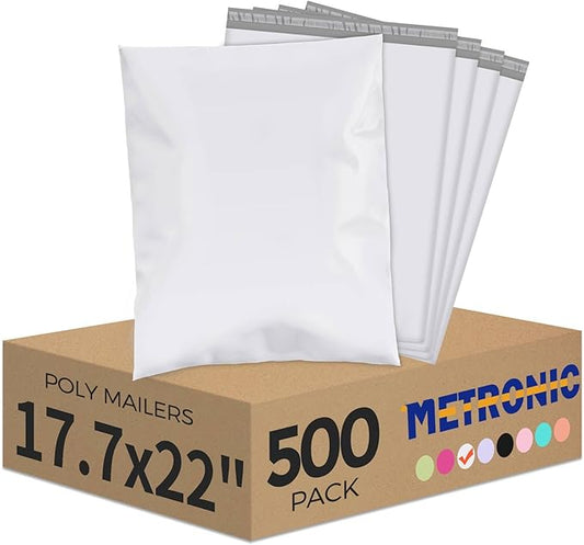 Metronic Poly Mailers 17.7x22 500Pack, Large Shipping Bags for Clothes Bulk,Strong Self Adhesive Shipping Envelopes for Small Business,Waterproof Mailing Envelopes Bulk for Packaging White