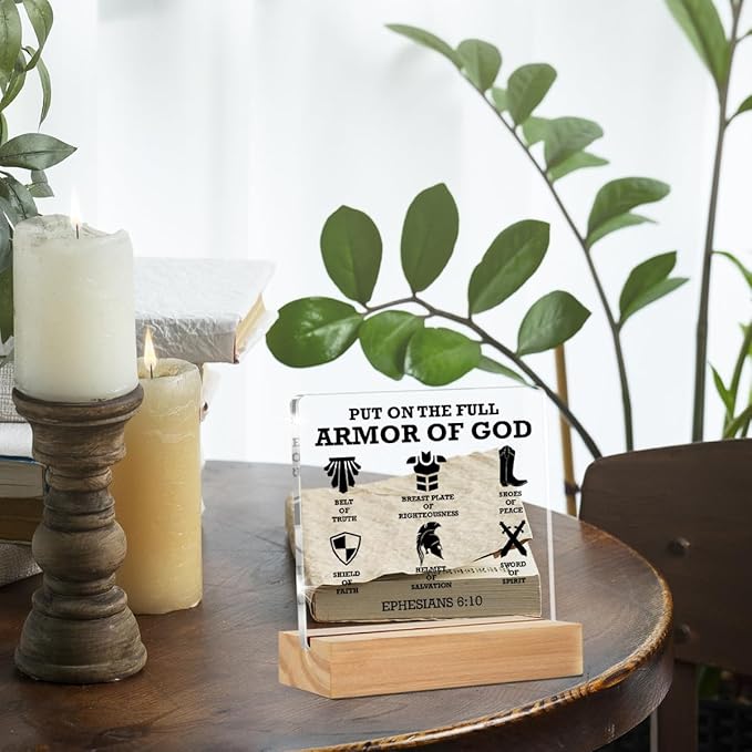 Christian Gifts for Men, Put on the Full Armor of God Bible Keepsake, Ephesians 6 10 Christian Clear Desk Decorative Sign Home Acrylic Decor