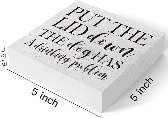 mmiishe Put the Lid Down the Dog Has a Drinking Problem Wooden Box Sign Decorative Funny Bathroom Wood Box Sign Home Decor Rustic Farmhouse Square Desk Decor Sign for Shelf 5 x 5 Inches