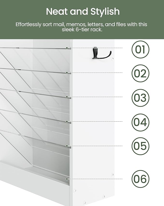 Wall File Holder, 6-Tier File Organizer, Office Supplies Storage Rack, Versatile Desktop Organizer, with Detachable Shelves, with Side Hooks, for Living Room, Study, Home Office, White MWJ02WB