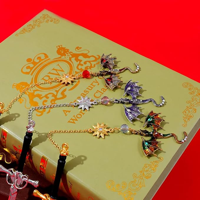 Fantasy Dragon Leather Corner Bookmark, Elegant Metal Dragon Charms Leather Page Saver, Chic Book Accessory for Bookworms, Great Gift for Dragon & Book Lovers (Dragon Sword B)