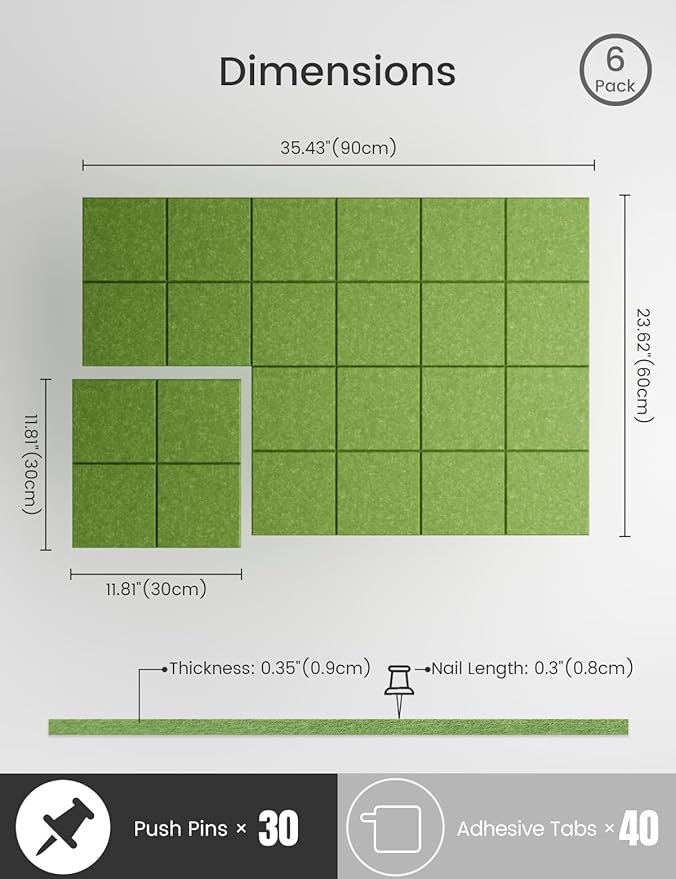 Bumusty Large Cork Board Alternative-36 x24 Felt Bulletin Board Tiles, with 30 Pushpins, 40 Adhesive Tabs, 6-Pack Slat Wall Paneling, Cork Boards for Office Push Pin Board Felt Board-Grass Green