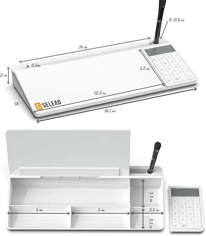 SELEAD Desktop Glass Whiteboard with Calculator, Organizer, Markers, Eraser, Holder - Small Dry Erase White Board Computer Pad Keyboard Stand Desk Drawer Accessories for Home, School, Office