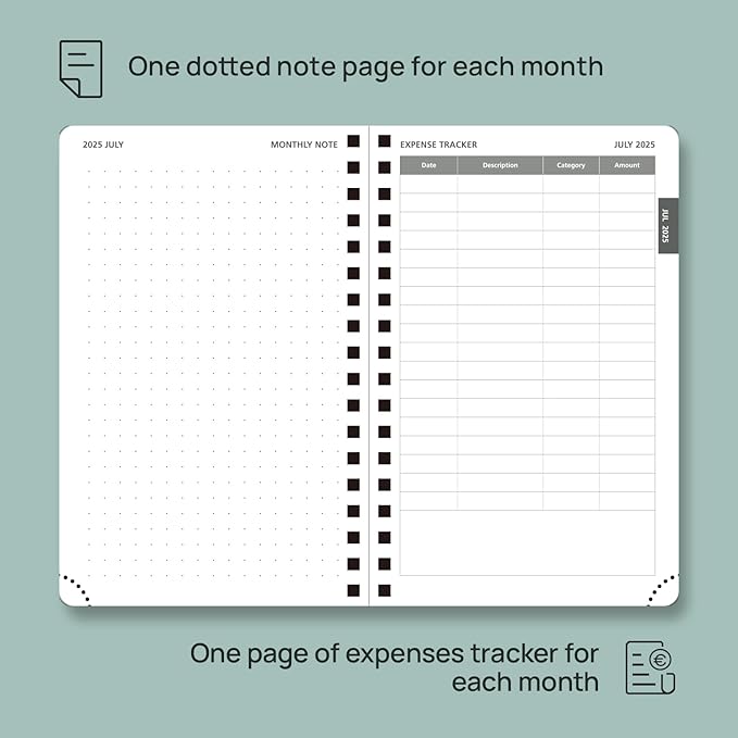 POPRUN Monthly Planner 2025-2026 Pocket Size (4" x 6.25") 18 Months Calendar (Jul 2025 - Dec 2026) - 4 Pages per Month with Monthly Expense & Notes, Sunday Start, Leather Cover - Green