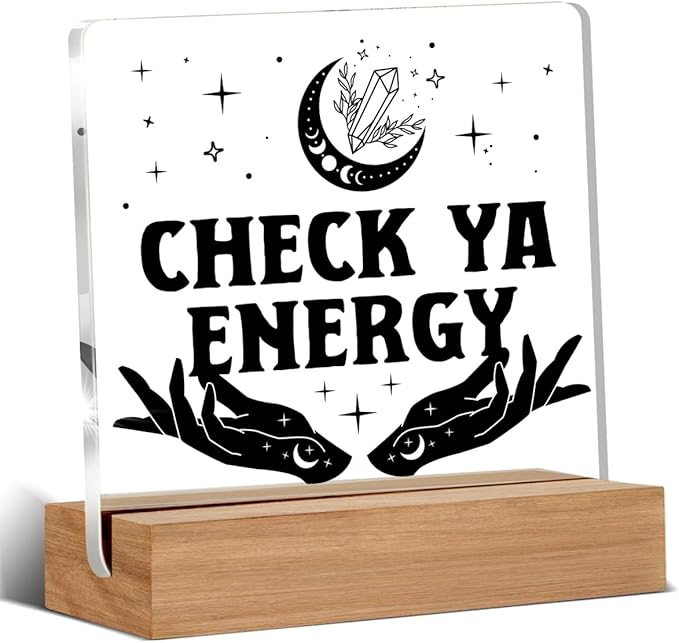 Witchy Gifts for Women Men, Spiritual Witch Gifts, Check Ya Energy Witchy Desk Decor Acrylic Plaque for Home Office Room