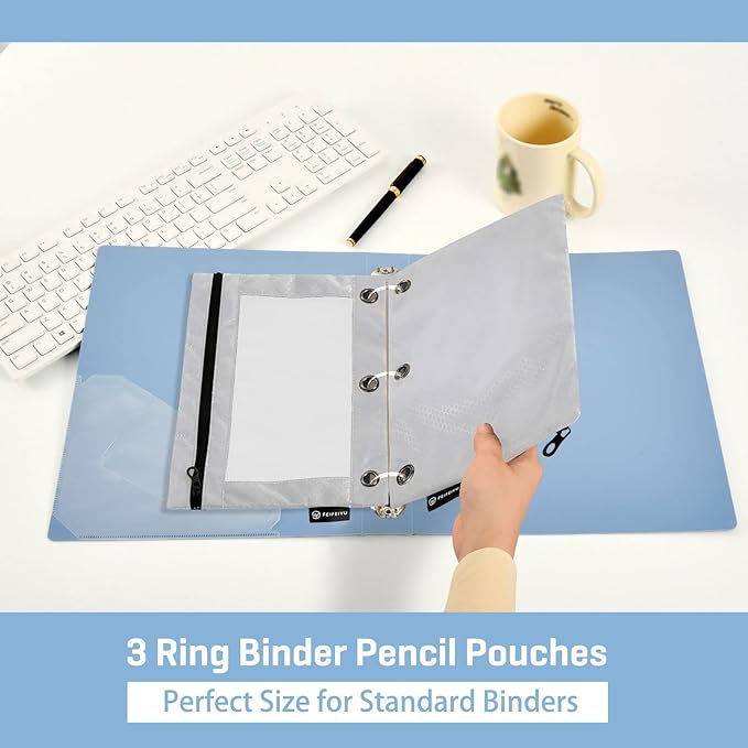 Gredecor Binder Pencil Pouch 3 Ring Grey Zipper Pencil Pouches Case 2 Pack Clear Window Binder Organizer for School Office
