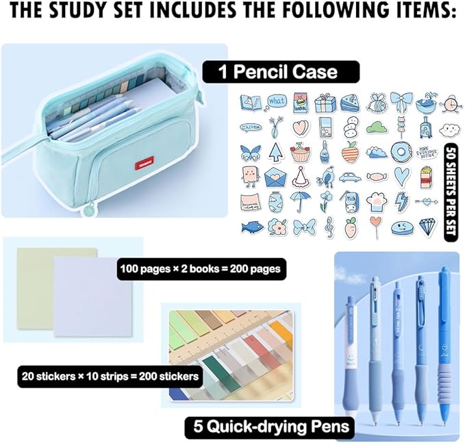 HVOMO Stationery Set,1 large-capacity pencil case,5 quick-drying pens,50 waterproof stickers,2 sticky note pads(200 sheets),1 set of 10-color index labels (200 sheets),Student stationery gift (Blue)