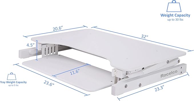 Rocelco 32" Height Adjustable Standing Desk Converter - Quick Sit Stand Up Dual Monitor Riser - Gas Spring Assist Tabletop Computer Workstation - Large Retractable Keyboard Tray - White (R ADRW)