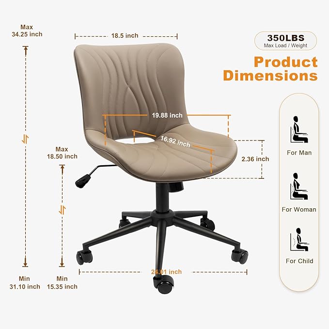 Office Chair, Armless Desk Chair with Wheels, Ergonomic Comfy Home Office Computer Task Chairs,Faux Leather Padded Cute Vanity Chair, Adjustable Height Swivel Chair with Back, Khaki