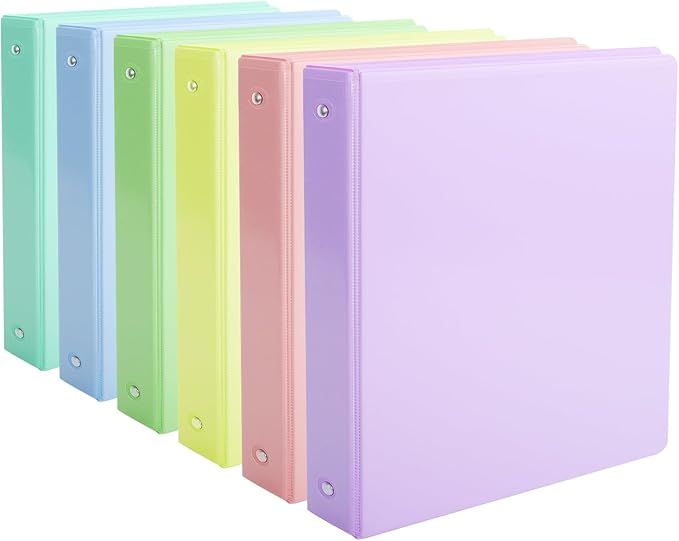 1" 3-Ring Binder, 1-inch Pastel Color Binders with 2 Inside Pockets, Clear View Cover Binder Holds 8.5'' x 11''Paper, Round Ring Binders for Office/Home/School, 6 Pack (Assorted 6 Colors)