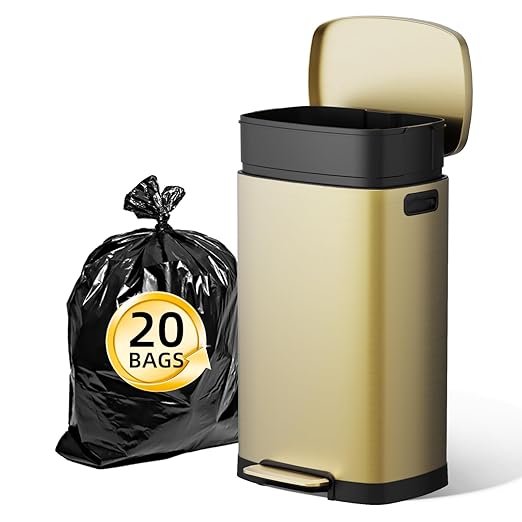 KUK 13 Gallon/50L Stainless Steel Kitchen Trash Can with Lid and Step Pedal-Large Capacity Garbage Bin with Odor Seal, Silent Close Lid, Removable Inner Bucket, Titanium Gold