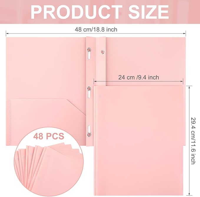 Patelai 48 Pcs Plastic Folders with 2 Pockets and 3 Prongs Home Folders with Card Slot Letter Size Heavy Duty Report Covers for Back to School(Pink,Classic)