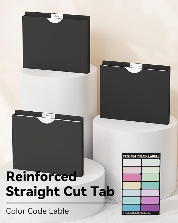 ANSOOK 1 Inch Plastic File Jackets, Manila File Folders Letter Size, Heavy Duty Expanding File Folders, Expansion Pocket, Reinforced Straight Cut Tab, 12 Pack, Black Folders for Office School Home