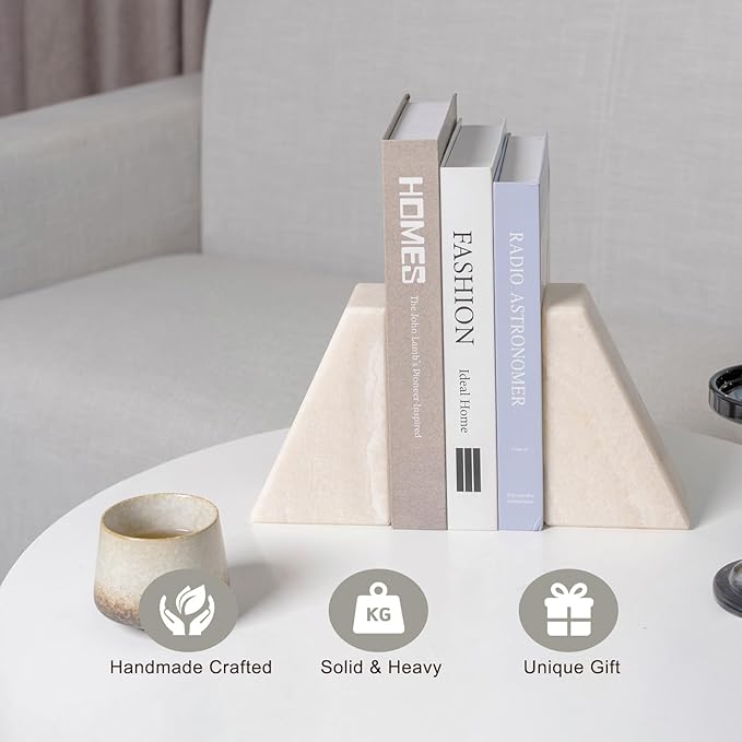 Koville Marble Bookends for Shelves, Large Bookends for Heavy Books, Non-Slip 7Lbs Stone Book Ends for CD/Movies, Modern Decorative Bookends for Shelves Table Home Decor(Navona)