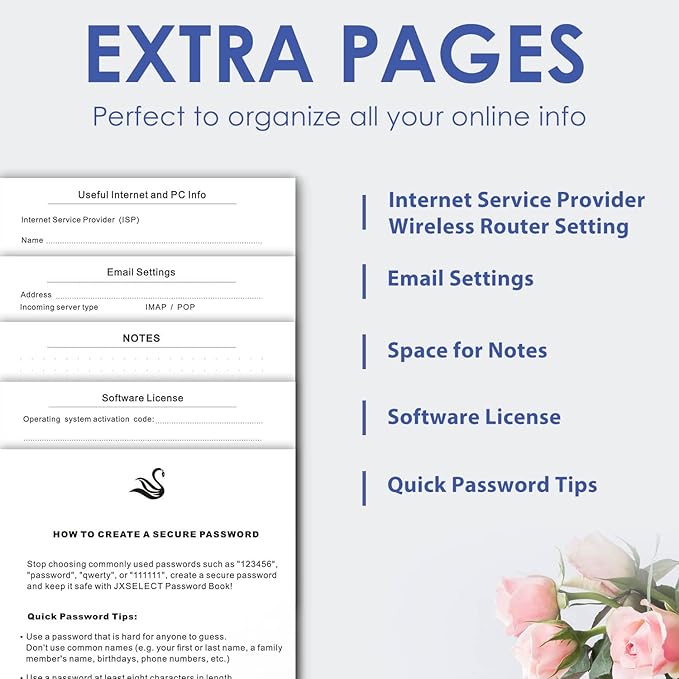 Elegant Password Book with Alphabetical Tabs - Hardcover Password Book for Internet Website Address Login - 7" x 10" Password Keeper and Organizer w/Notes Section & Back Pocket（Royal Blue）