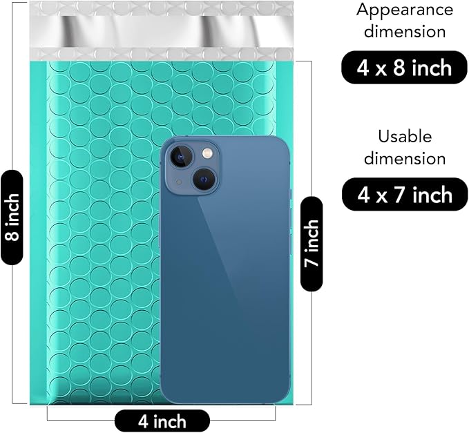 Fuxury Small Bubble Mailers 4x8 Inch 500 Pack, Teal Bubble Mailer, Self Seal Padded Envelopes Gifts Mailing Envelopes Bubble Padded for Shipping, Small Business Bulk