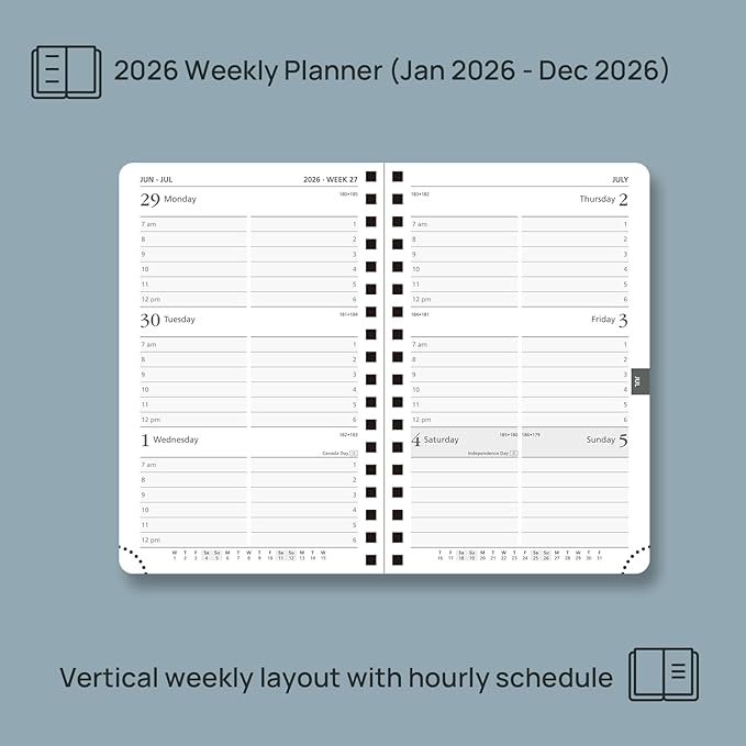 POPRUN 2026 Planner (Pocket Size 4''x 6.25'' Wire-Bond Hard Cover) Calendar Weekly and Monthly (Jan.2026-Dec.2026) Small Planner with Hourly Time Slots, for Purse, 100 GSM - Orange
