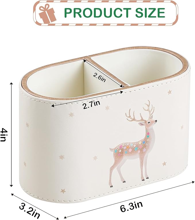Christmas Pen Holder for Desk, PU Leather Pencil Holder for Desk with 2 Compartments for Home Office Supplies, Christmas Decorations Pencil Cup Desk Organizer