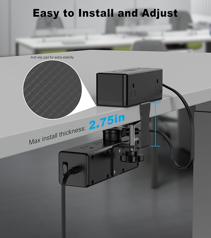 Dual Layer Desk Clamp Power Strip, Desktop Edge Mount Surge Protector with 4 USB Ports(2 USB-C) & 15 AC Outlets, Ultra Thin Flat Plug & 5FT Power Cord for Office Home(ETL Listed)