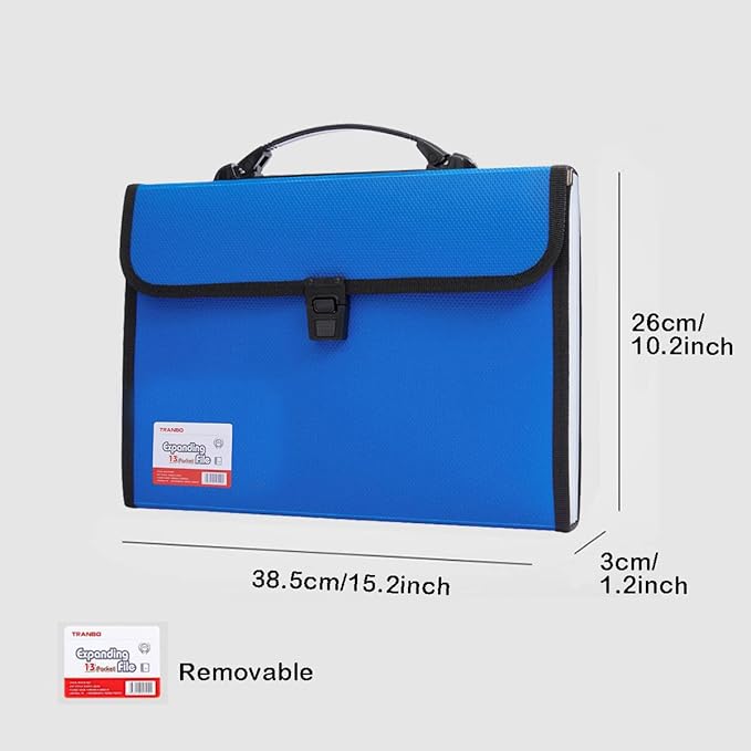 Extra Large Legal Size/Foolscap 12 Pockets Accordion File Organizer with Handle, TRANBO Portable Expanding File Folder, Expandable Plastic Document Organizer for Travel School Office - Blue
