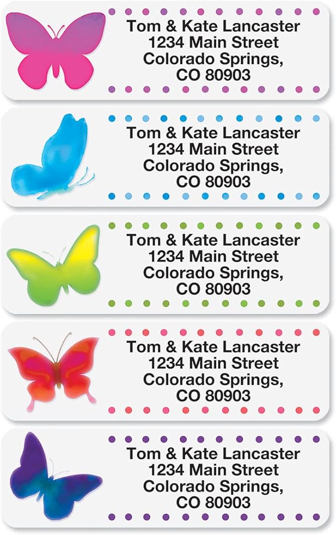 Watercolor Butterflies Rolled Personalized Return Address Mailing Labels with Dispenser, Set of 250, 5 Designs, Small ¾ x 2½ Inch Size, Custom Self-Adhesive Sticker Roll, by Colorful Images