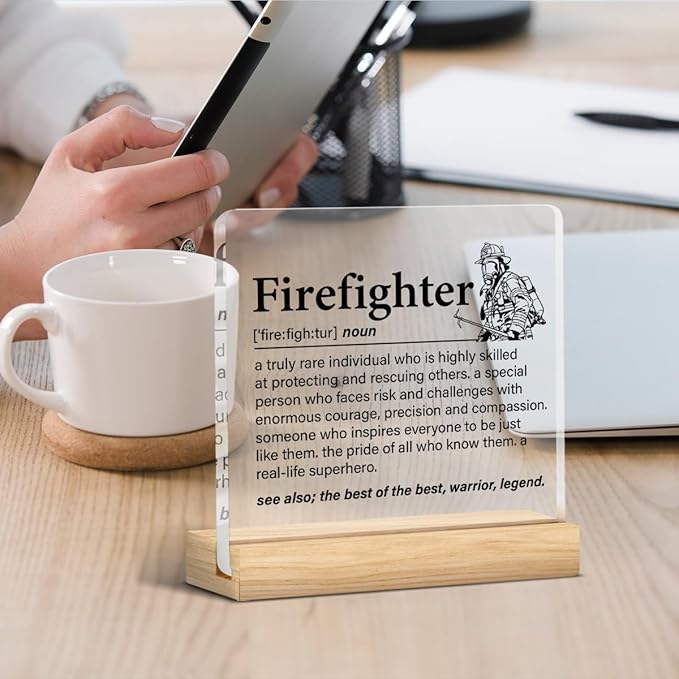 Firefighter Gifts for Women Men, Fireman Gifts, Firefighter Definition Clear Acrylic Desk Decorative Sign for Home Office, 4 x 4 Inches