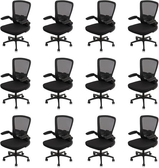 Office Desk Chairs with Wheels, Ergonomic Mesh Chair with Adjustable Height Lumbar Support, Rolling Swivel Computer Task Chair with Flip Up Armrests for Home, Study, Conference, Black (12PK)