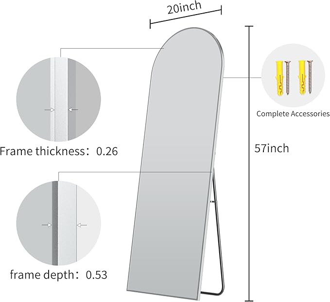 57" x 20" Arched Full Length Mirror - Wall Mounted/Floor Mirror Aluminum Alloy Frame Full Body Mirrors for Bathroom Living Room Bedroom and Entryway,Sliver