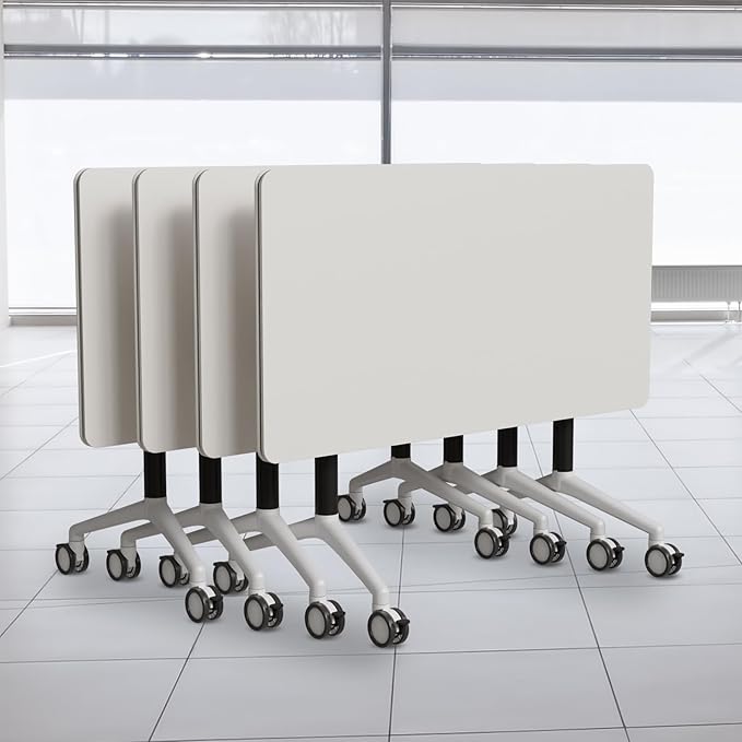 Folding Conference Table, Modern Conference Room Tables with Flip-Top Design, Foldable Conference Table Meeting Table with Wheels, Mobile Seminar Training Tables for Office Classroom (4, White 2)