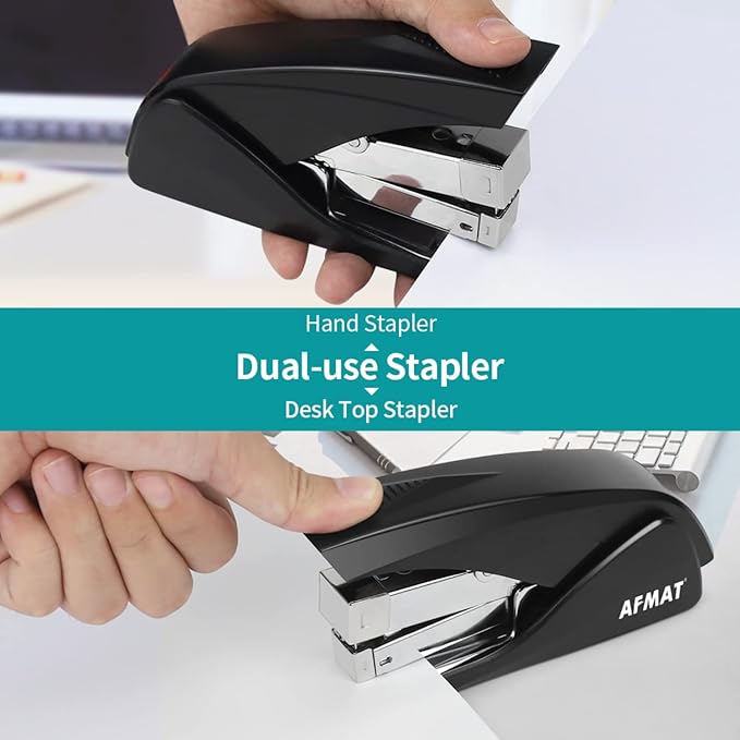 AFMAT ES10 Stapler for Desk, 50 Sheet Effortless Desktop Stapler Staple with One Finger, Portable Ergonomic Handheld Staplers Heavy Duty, Built-in Remover, Space Save Size, Good for Home & Office