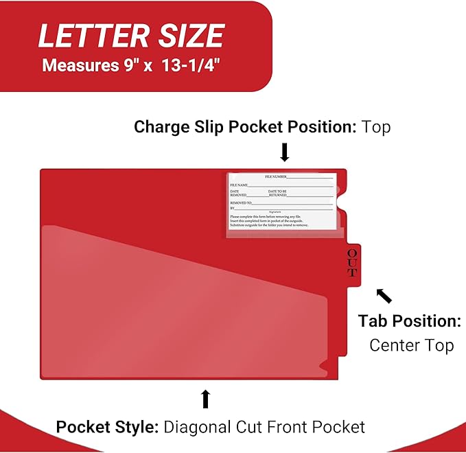 Doctor Stuff - Center Tab Vinyl Out Guides, Diagonal Cut Front Pocket, Top Charge Out Slip Pocket, Plastic File Folder, Letter Size 9" x 13-1/4", Red, 100/Box