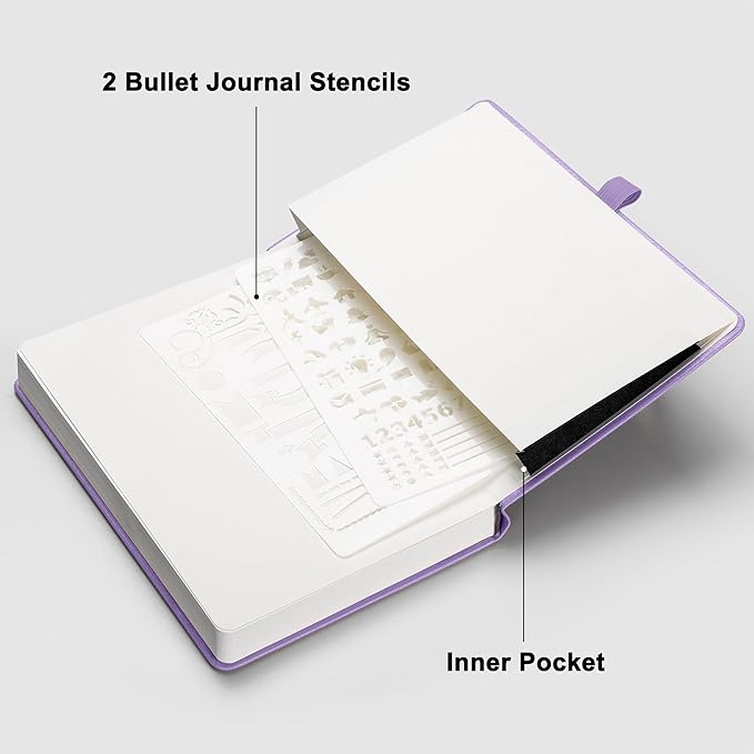 RETTACY Bullet Dotted Journal Notebook, 256 Pages, A5 Medium Size (5.7'' × 8.3''), Leather Hardcover, 120 GSM Thick Paper, for Bullet Journaling, Planning, Tracking (Purple)