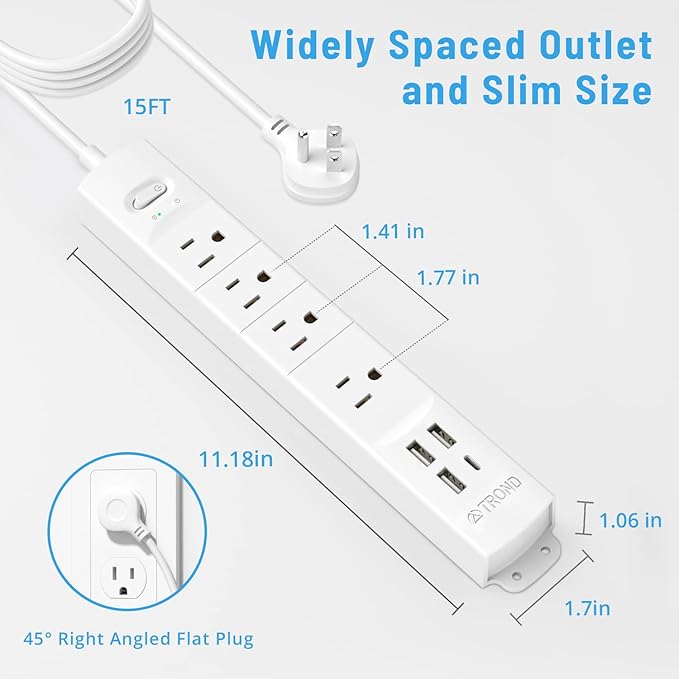 TROND Surge Protector Power Strip with USB, Ultra Thin Flat Plug 15ft Long Extension Cord 1625W, 3 USB A & 1 Type C, 4 AC Outlets 1440J Surge Protection for Wall Mount for Home Office Dorm Room, White