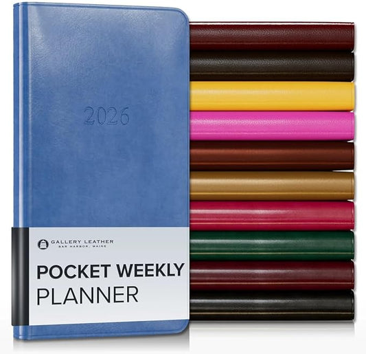 Gallery Leather Pocket Weekly Monthly Planner 2025-2026, Elegantly Bound Calendar Planner and Notebook with Stylish Gold-Gilded Page Edges, 12 Months - Acadia Hydrangea - 6 x 3.25 "