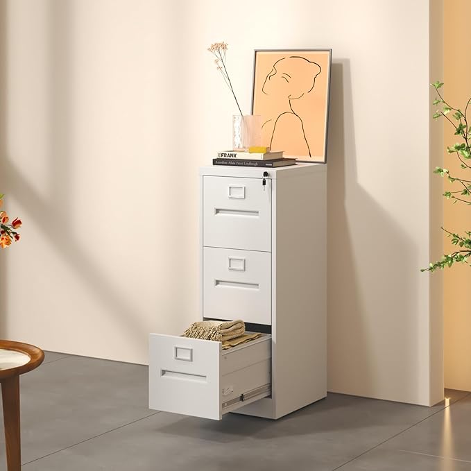 3 Drawer File Cabinet with Lock, Metal Vertical Filing Storage Cabinet for Home Office, Locking Vertical File Cabinets for A4 Legal/Letter Folders, Silent Sliding Drawers, Easy Assemble (White)