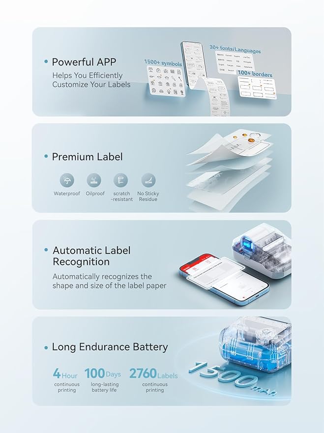 NIIMBOT Label Maker Machine with Tape, B1 Bluetooth Label Printer, 2 Inch Large Waterproof Label, Inkless Thermal Label Maker for Kids School Items, Classroom Teacher, Light Blue