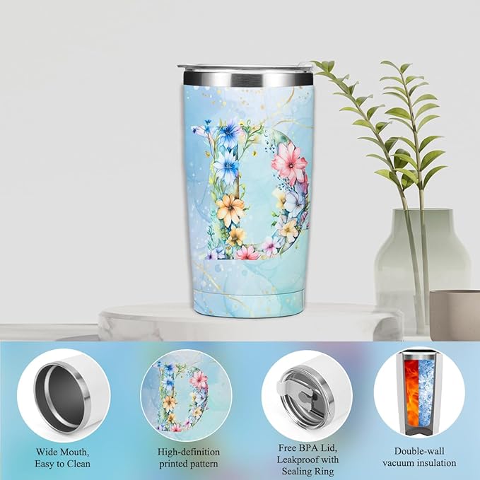 Personalized Gifts Monogrammed Birthday Gifts for Women, Boss Teacher Appreciation Christmas Initial 20 oz Tumbler, Makeup Bag Cup Ballpoint Pens Journal Notebook 6 Set, (Aesthetic Blue Flower D)