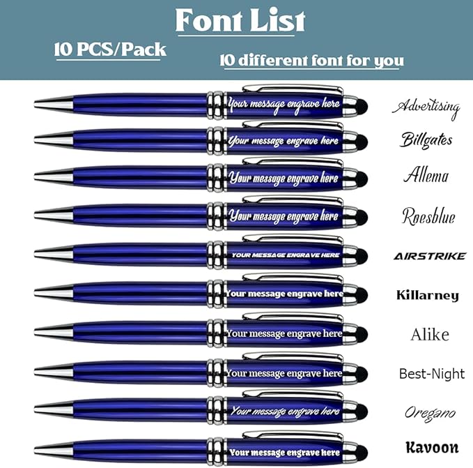 Ancolo Personalized retractable pens with Stylus tip stylish pens - Engraved with Your Name or Message, Phone Number Black ink Perfect for Bank, Office, Hotel Lobbies 10 Pens/Box