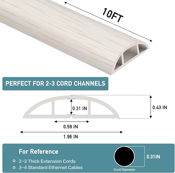 Floor Cord Cover Self Adhesive Cord Hider Floor Extension Cord Covers for Floor Power Cord Protector Cable Management Prevent Cable Trips Cable Cavity 0.59" W x 0.31" H (Beige Wood, 10Ft)