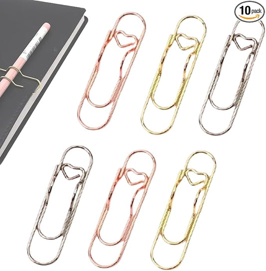 Heart Shaped Metal Pen Clip, Planner Writing Tool Holder, Thickened Carbon Steel, Not Deform/Discolor, for Notebooks Papers Journal Book Planner Jumbo Office Supplies (Gold, Rose Gold, Silver6 pcs)