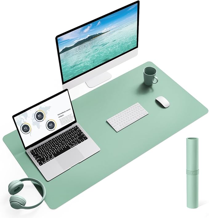 YSAGi Non-Slip Leather Desk Pad L Size, Waterproof Laptop Computer Desk Keyboard Mat, Table Protector Blotter Mat, Large Mouse Pad for Office/Work/Home/Decor(Pale Green, 35.4" x 17")