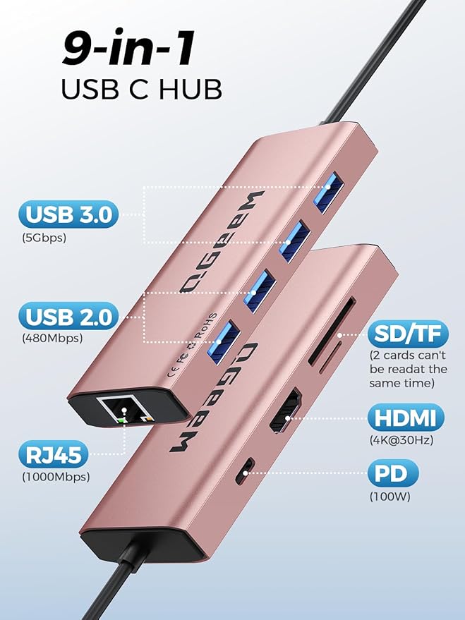 QGeeM USB C Hub Ethernet,9 in 1 USB Type C Hub HDMI Multi-Port Converter Adapter,100W Pd, USB 3.0,SD/TF Card Reader,Compatible for MacBook Pro Air Ipad HP Dell Lenovo Chromebook etc.-Pink