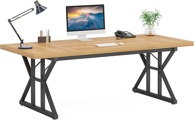 Tribesigns 70.8-Inch Executive Desk, Large Computer Office Desk Workstation, Modern Simple Style Laptop Desk Study Writing Table Business Furniture for Home Office (Light Walnut/Black, 70.8 Inch)