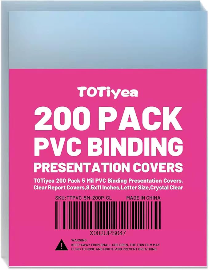 TOTiyea 200 Pack 5 Mil PVC Binding Presentation Covers, Clear Report Covers for Binding,8.5x11 Inches,Letter Size